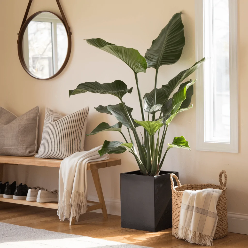 A large cast iron plant with broad, deep green leaves stands in a sleek black planter near a sunlit window. The entryway features a wooden bench adorned with neutral-toned pillows and a soft throw blanket, with neatly arranged shoes beneath. A woven basket with another folded blanket adds a cozy touch, while a round mirror on the wall reflects natural light, enhancing the warm and inviting space.