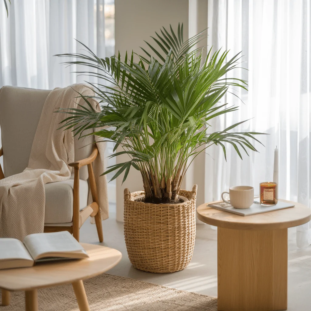 A parlor palm with delicate, feathery green fronds sits in a woven basket planter, adding a tropical touch to a sunlit living space. The cozy setting features a wooden armchair with a soft beige throw blanket, a small round side table holding a cup of tea and a lit candle, and an open book resting on a coffee table. Sheer curtains filter natural light, creating a warm and relaxing atmosphere.