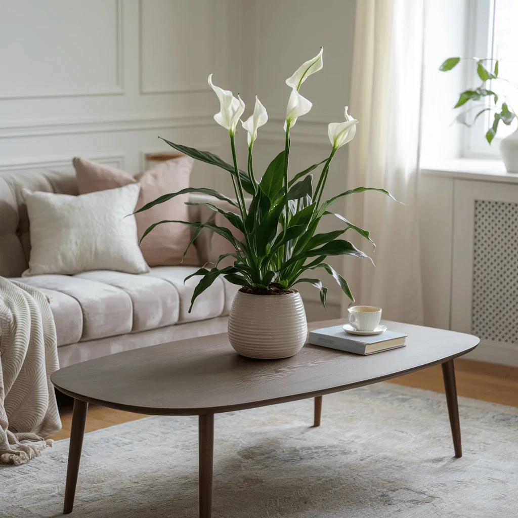 A graceful peace lily with dark green leaves and elegant white blooms sits in a ribbed ceramic pot on a wooden coffee table. The surrounding living room features a plush beige sofa with soft throw pillows, a cozy knit blanket, and natural light streaming in through a nearby window. A book and teacup rest on the table, enhancing the tranquil and sophisticated ambiance.
