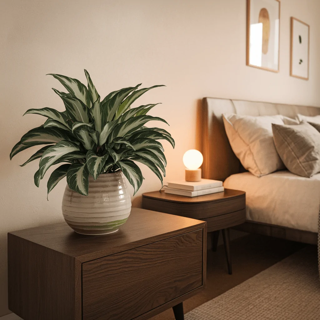 A Chinese evergreen plant with striking variegated leaves sits in a large ceramic pot on a wooden nightstand in a cozy bedroom. The bedside table holds a stack of books and a modern round lamp, casting a soft glow. The bed is neatly made with neutral-colored pillows, and framed artwork decorates the walls, adding to the serene and inviting atmosphere of the room.