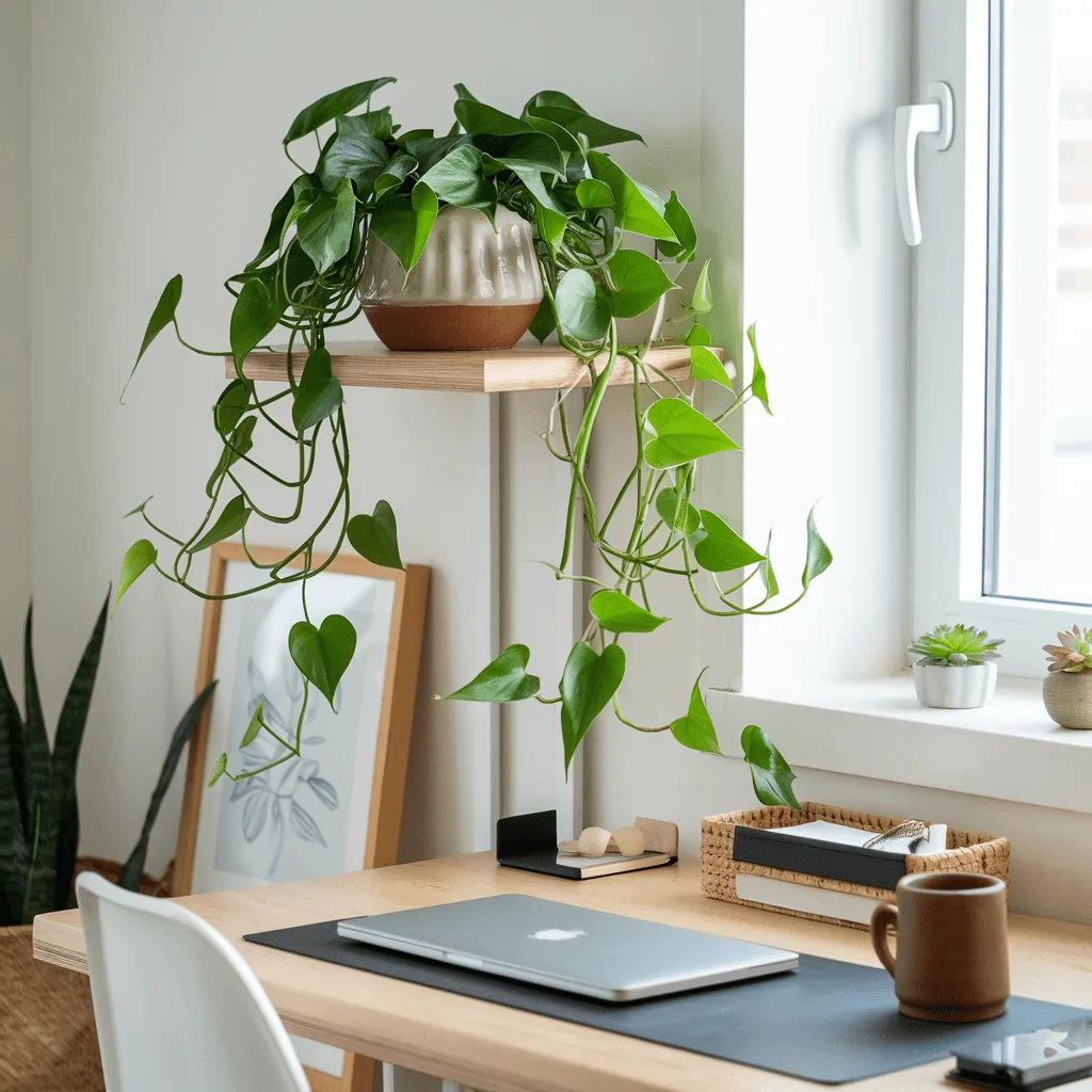 A lush trailing Philodendron with vibrant green, heart-shaped leaves cascades from a ceramic pot on a wooden shelf. The surrounding workspace features a minimalist wooden desk with a closed laptop, a brown ceramic mug, and neatly arranged stationery. Natural light from a nearby window enhances the serene, modern aesthetic, complemented by small succulents on the windowsill and a framed botanical print leaning against the wall.