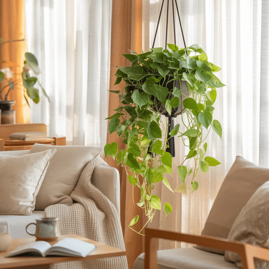 A lush pothos plant with cascading green vines hangs in a black planter near a sunlit window. The surrounding space features a cozy living room with a beige sofa adorned with soft pillows and a textured throw blanket. A wooden coffee table with an open book and a ceramic mug completes the warm and inviting ambiance.