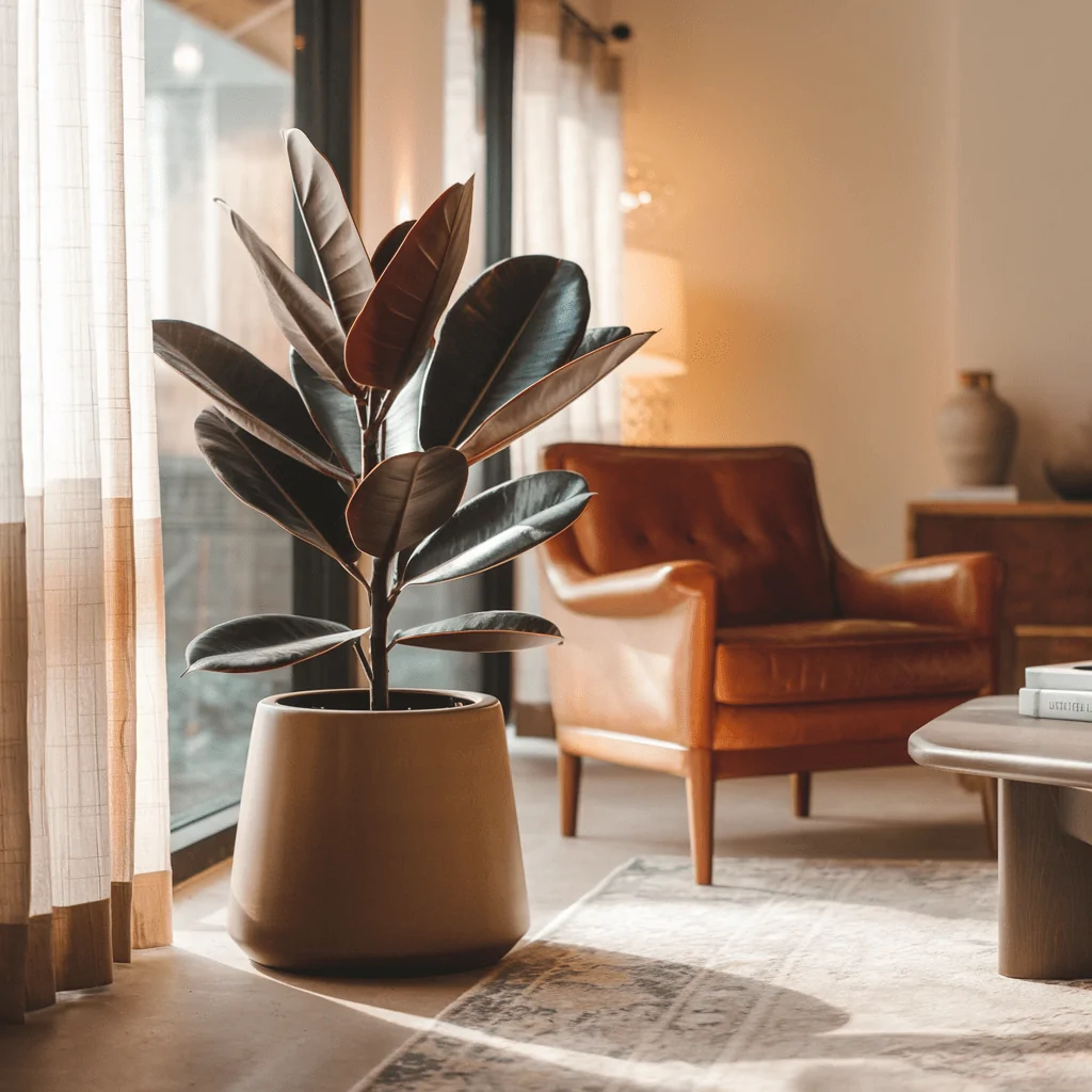 A rubber plant with glossy, dark green leaves and reddish undersides sits in a stylish, earth-toned planter near a sunlit window. The surrounding space features a warm and inviting living room with a rich brown leather armchair, a wooden coffee table with stacked books, and soft lighting from a table lamp. The natural light filtering through sheer curtains enhances the cozy, modern aesthetic.