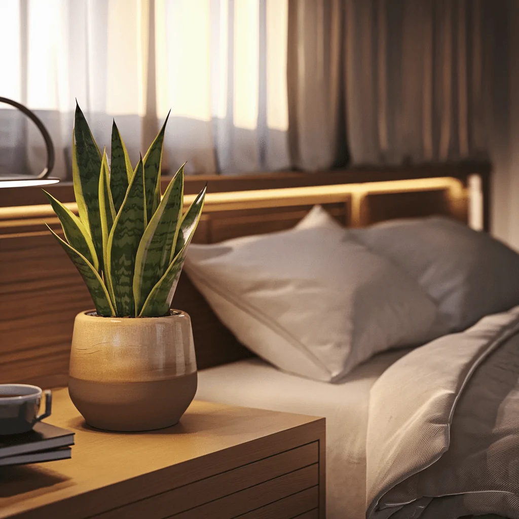 A snake plant with vibrant green and yellow-striped leaves sits in a modern ceramic pot on a wooden nightstand. The background features a neatly made bed with plush white pillows and soft bedding, illuminated by warm ambient lighting. The scene exudes a cozy and minimalist bedroom aesthetic, perfect for relaxation.