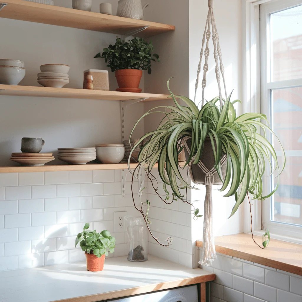 A vibrant spider plant with long, arching green and white-striped leaves hangs in a macramé planter near a sunlit kitchen window. The surrounding space features open wooden shelves displaying ceramic bowls, plates, and a small potted plant, while a white subway tile backsplash adds a clean, modern touch. The bright natural light enhances the cozy, earthy aesthetic of the kitchen.