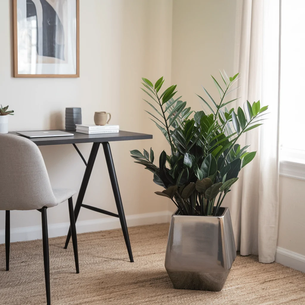 A ZZ plant with glossy green leaves sits in a modern metallic planter, adding a touch of greenery to a minimalist home office. The space features a sleek black desk with a laptop, books, and a ceramic mug, complemented by a beige upholstered chair. Natural light filters through a soft curtain, enhancing the room’s clean and serene aesthetic.
