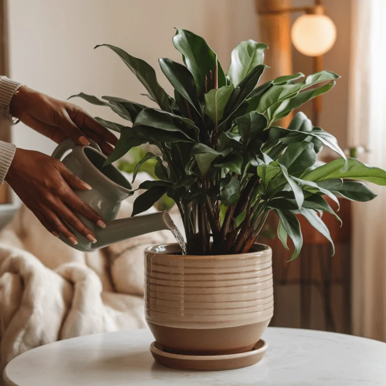 A person is watering a lush green houseplant with glossy leaves using a sage green watering can. The plant is in a stylish ceramic pot with a ribbed texture, placed on a white round table. The cozy background features a soft beige couch with plush blankets and a warm-lit lamp, creating a serene indoor setting.