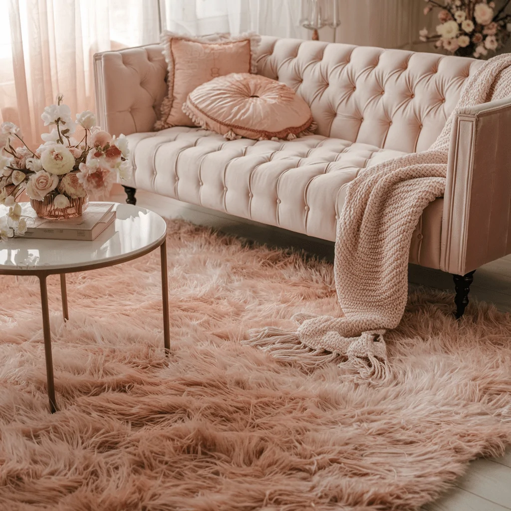 A romantic and elegant living room featuring a plush pink tufted sofa adorned with decorative pillows and a soft knit throw. A fluffy pink shag rug covers the floor, complementing a round marble-top coffee table with gold legs, which holds a floral arrangement in soft pastel tones. Sheer curtains allow natural light to filter in, enhancing the dreamy, cozy ambiance.