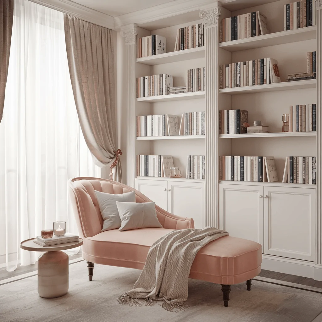 A cozy and elegant reading nook featuring a blush pink velvet chaise lounge adorned with soft gray pillows and a draped knit throw. A round side table holds a stack of books and a lit candle, adding to the serene ambiance. Behind the chaise, built-in white bookshelves filled with neatly arranged books create a sophisticated and inviting atmosphere, complemented by flowing sheer curtains and classic architectural details.