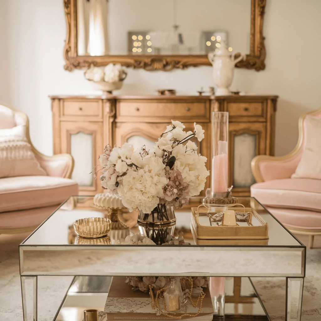 A romantic living room with a vintage-inspired design, featuring a mirrored coffee table adorned with a floral arrangement of white and blush flowers, a tall pink candle, and gold-accented decor. Two elegant pink velvet armchairs with gold trim sit beside a rustic wooden sideboard, topped with a large ornate mirror reflecting soft ambient light. The mix of antique and reflective surfaces creates a sophisticated yet airy ambiance.