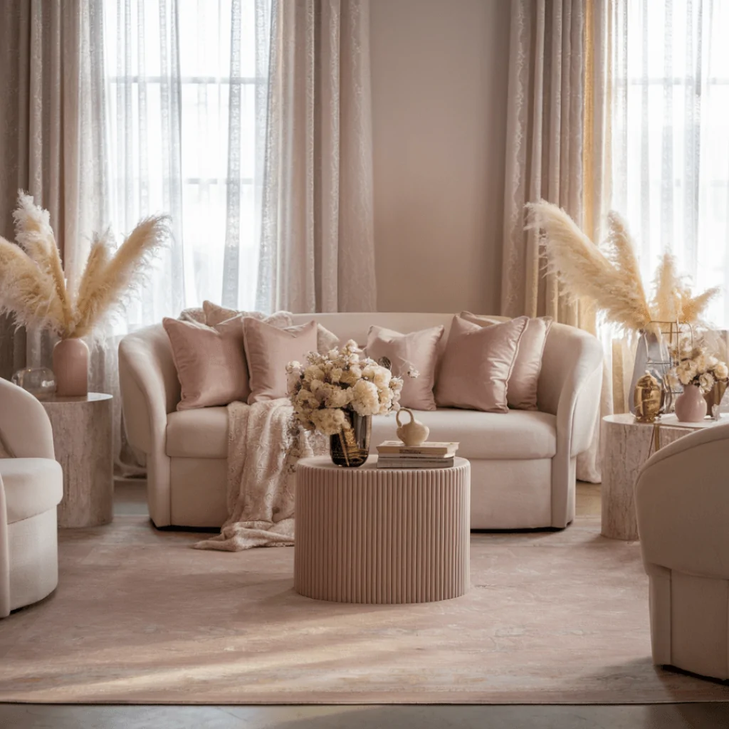 A serene and romantic living room with a soft color palette of blush, cream, and beige. A plush curved sofa adorned with pink throw pillows and a cozy knit blanket sits against a backdrop of sheer draped curtains. Pampas grass arrangements, fresh floral bouquets, and gold-accented décor on round side tables complete the elegant, airy ambiance.