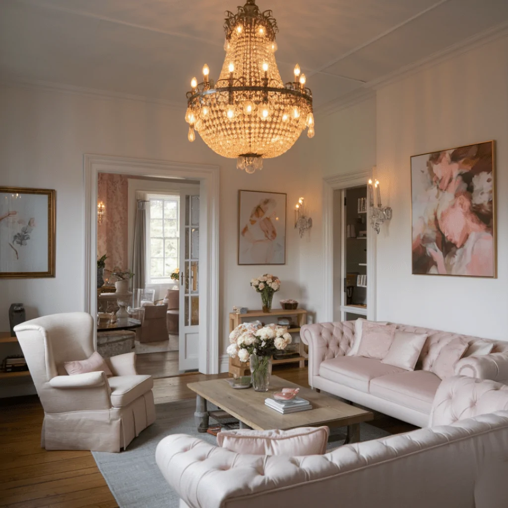 A romantic living room featuring a grand crystal chandelier as the focal point, casting a warm glow over the space. The room is elegantly furnished with blush pink tufted sofas, a cozy armchair, and a rustic wooden coffee table adorned with fresh roses and decorative books. Soft, abstract artwork and vintage-inspired wall sconces enhance the sophisticated ambiance, while an open doorway reveals a glimpse of another charming sitting area.