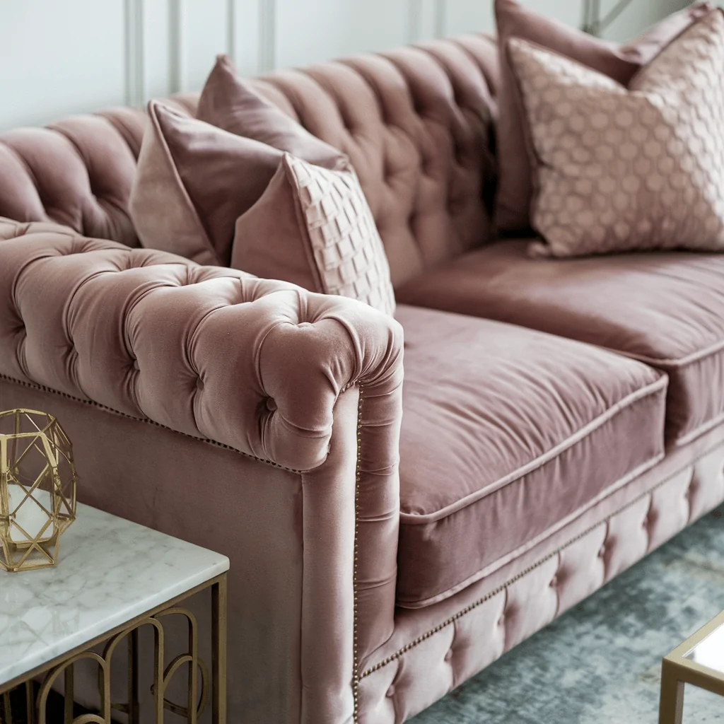 A luxurious blush velvet Chesterfield sofa with deep tufting and plush cushions, adorned with textured and patterned throw pillows in coordinating shades. A marble-top side table with gold accents sits beside the sofa, holding a geometric gold candle holder. The elegant design and soft fabric create a cozy yet sophisticated living room ambiance.