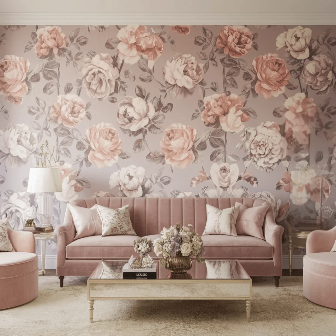 A romantic living room featuring a bold floral wallpaper accent wall in soft blush and mauve tones. A plush pink velvet sofa with elegant throw pillows sits in front of a mirrored coffee table adorned with fresh floral arrangements. Matching pink armchairs, gold-accented side tables, and crystal lamps enhance the sophisticated and dreamy ambiance.