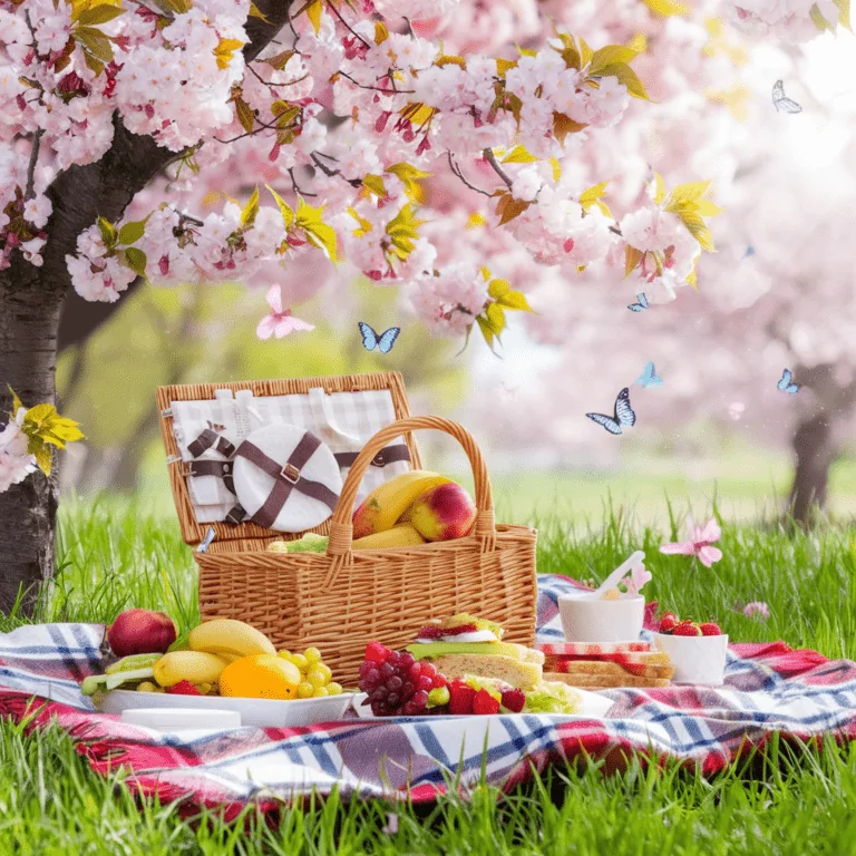 The image showcases a picturesque picnic scene under a blooming cherry blossom tree. A wicker picnic basket, filled with fresh fruits like bananas, apples, oranges, and grapes, sits open on a checkered blanket, revealing neatly packed utensils and a folded napkin. Surrounding the basket are sandwiches, bowls of strawberries, and a cup with a spoon, while delicate blue butterflies flutter around, enhancing the dreamy spring atmosphere.