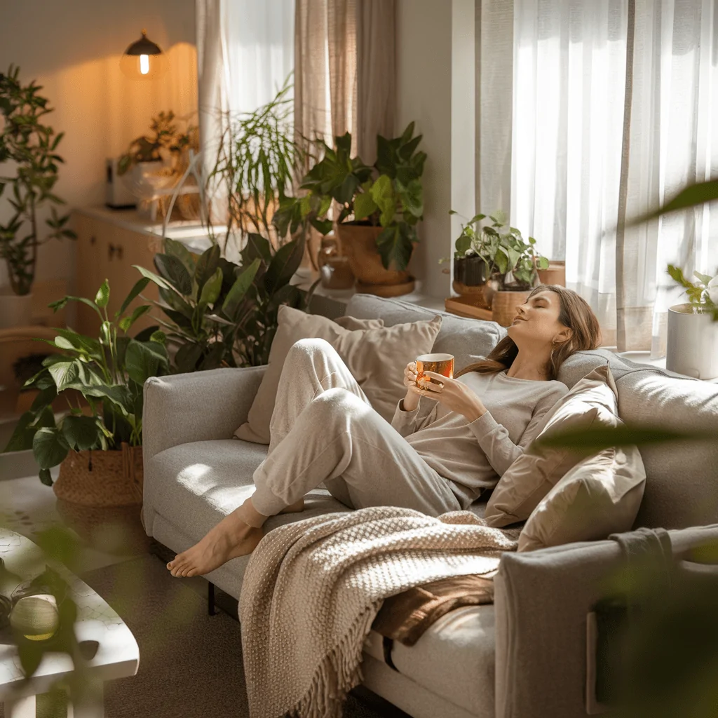 A woman lounges on a cozy gray sofa, wrapped in soft loungewear, holding a warm cup of tea with a peaceful expression. The sunlit living room is filled with lush green houseplants in woven and ceramic pots, creating a serene, nature-inspired atmosphere. A knitted throw blanket, plush pillows, and sheer curtains filtering natural light enhance the warm and relaxing ambiance.