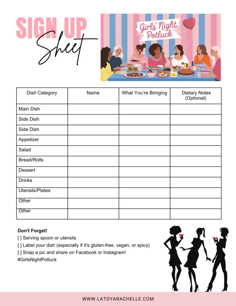 Printable “Girl’s Night Potluck” sign-up sheet featuring a pastel illustration of six women enjoying a meal under a pink-and-white “Girl’s Night Potluck” banner. The sheet includes a table to fill in name, dish category, what you're bringing, and dietary notes. A checklist at the bottom reminds guests to bring serving utensils, label dietary info, and share on social media with #GirlsNightPotluck.