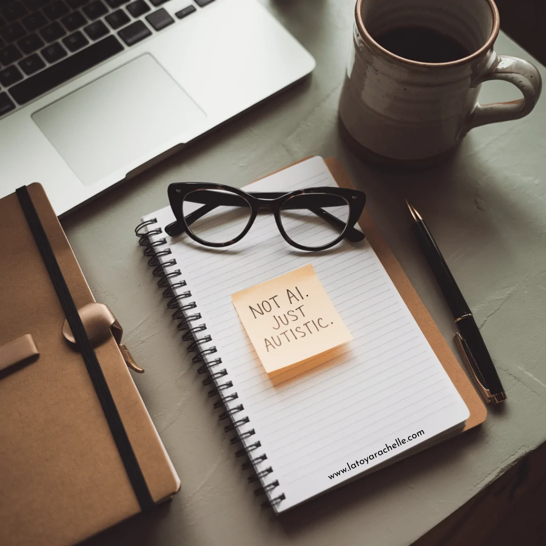 Flat lay of a workspace with a spiral notebook displaying a sticky note that reads “NOT AI. JUST AUTISTIC.” A pair of black cat-eye glasses rests on the notebook, next to a black pen, a ceramic mug of coffee, a closed journal, and a laptop. The notebook includes the website URL “www.latoyarachelle.com” printed on the bottom of the page.
