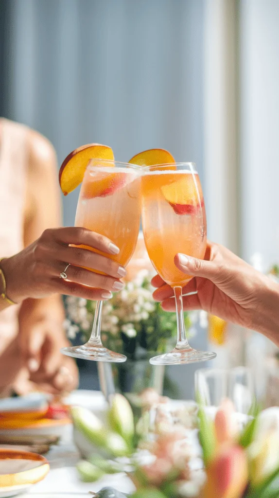 Two hands clink glasses filled with a peach-colored mocktail garnished with fresh peach slices, creating a celebratory toast. The setting is light and airy with a floral centerpiece and blurred spring decor in the background, giving off a fresh, festive brunch vibe.