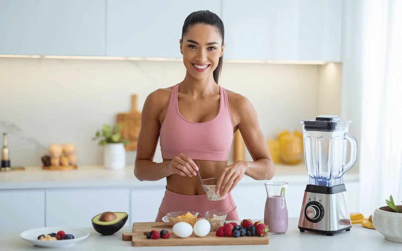 A fit woman in a pink sports bra smiles while preparing a healthy meal in a modern kitchen. In front of her are ingredients like hard-boiled eggs, berries, granola, avocado, and a pink smoothie beside a blender, suggesting a high-protein breakfast or post-workout meal. The setting highlights clean eating and an active lifestyle.