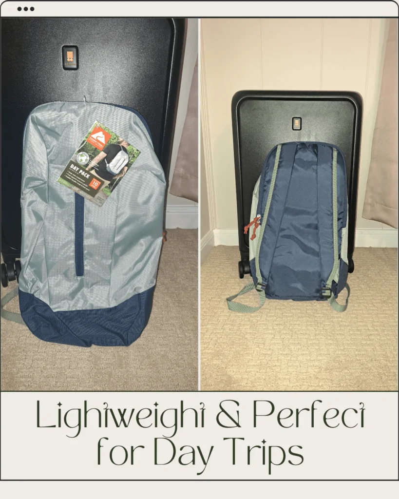 Side-by-side images of a lightweight gray and navy blue daypack displayed on a black carry-on suitcase, showing both the front and back of the backpack. The text below reads “Lightweight & Perfect for Day Trips” in a stylish font, suggesting the bag is ideal for short travel adventures.