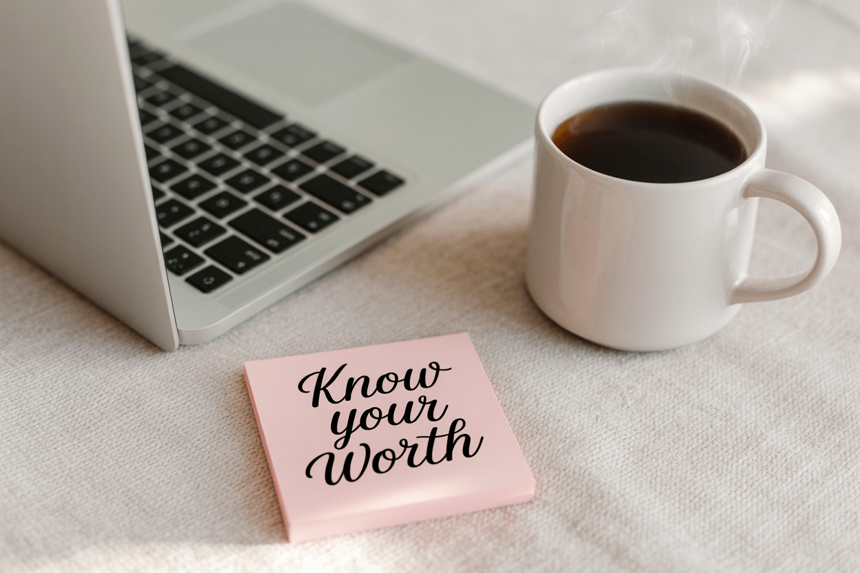 A light pink sticky note with bold black cursive text reading “Know your Worth” rests beside a laptop keyboard and a steaming white mug of coffee on a soft beige surface. The scene evokes a calm, motivational workspace vibe.