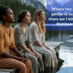 Three women sit peacefully on a wooden dock overlooking a calm mountain lake, surrounded by evergreen trees and distant peaks. Each woman wears a modest, earth-toned dress, and they gaze contemplatively into the distance. Overlaid text reads, "Where two or three gather in my name, there am I with them." — Matthew 18:20, suggesting a theme of faith and spiritual community.