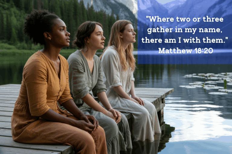 Three women sit peacefully on a wooden dock overlooking a calm mountain lake, surrounded by evergreen trees and distant peaks. Each woman wears a modest, earth-toned dress, and they gaze contemplatively into the distance. Overlaid text reads, "Where two or three gather in my name, there am I with them." — Matthew 18:20, suggesting a theme of faith and spiritual community.