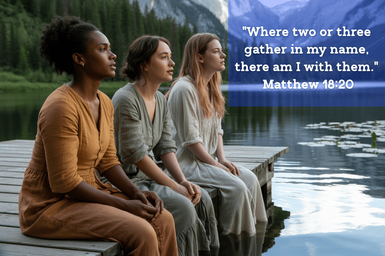 Three women sit peacefully on a wooden dock overlooking a calm mountain lake, surrounded by evergreen trees and distant peaks. Each woman wears a modest, earth-toned dress, and they gaze contemplatively into the distance. Overlaid text reads, "Where two or three gather in my name, there am I with them." — Matthew 18:20, suggesting a theme of faith and spiritual community.