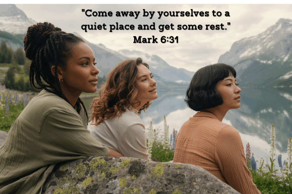 Three women sit on a moss-covered rock surrounded by wildflowers, overlooking a tranquil lake framed by snow-capped mountains. Each woman appears calm and reflective, taking in the peaceful natural setting. The overlaid Bible verse reads, "Come away by yourselves to a quiet place and get some rest." — Mark 6:31, reinforcing a theme of rest and spiritual renewal.
