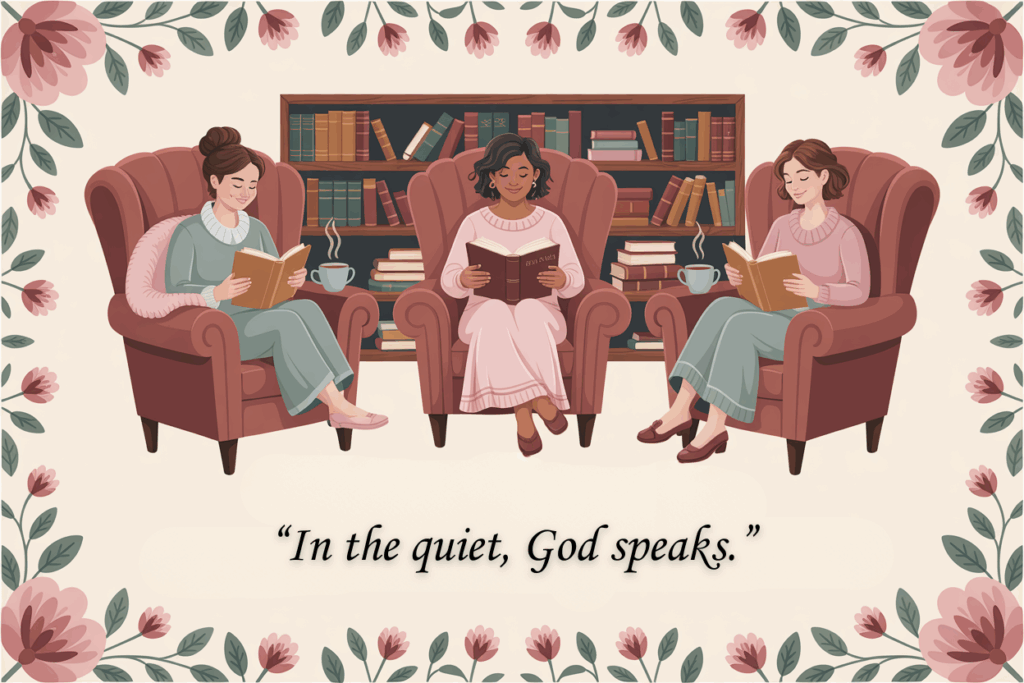 Illustrated image of three women reading in cozy armchairs, set in a warm library filled with books and steaming mugs. The woman in the center reads from a book titled “Holy Bible,” while soft floral borders frame the scene. Below them, a peaceful quote reads, “In the quiet, God speaks.” emphasizing solitude, reflection, and spiritual connection.