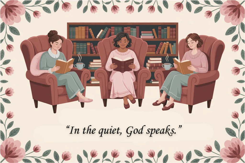 Illustrated image of three women reading in cozy armchairs, set in a warm library filled with books and steaming mugs. The woman in the center reads from a book titled “Holy Bible,” while soft floral borders frame the scene. Below them, a peaceful quote reads, “In the quiet, God speaks.” emphasizing solitude, reflection, and spiritual connection.