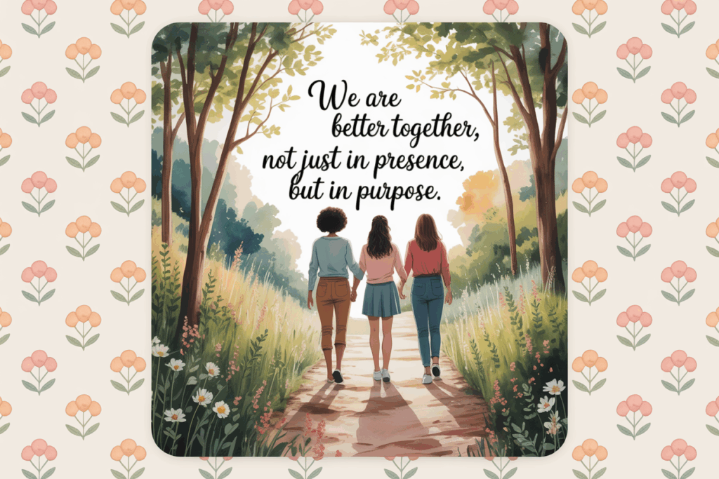 Illustrated image of three women walking hand-in-hand down a sunlit forest path, surrounded by tall grass, wildflowers, and trees. The background features soft morning light filtering through the branches. Centered above them is the quote, “We are better together, not just in presence, but in purpose.” conveying unity, friendship, and shared mission.