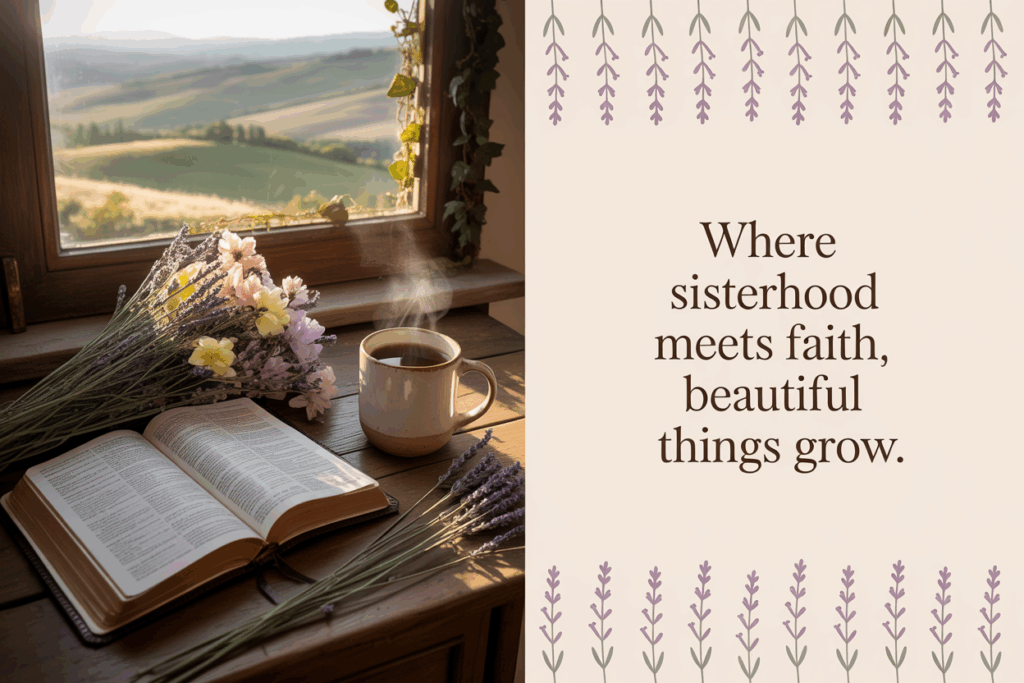 A cozy still life scene shows an open Bible, a mug of steaming coffee, and a bundle of pastel flowers resting on a windowsill overlooking rolling green hills at sunset. The right half of the image features lavender illustrations and the quote, “Where sisterhood meets faith, beautiful things grow.” capturing a mood of peace, spiritual connection, and growth through community.